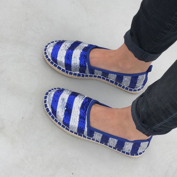 Nautical Stripes Sequins Espadrille Loafer Flats - Picture 4 of 8
